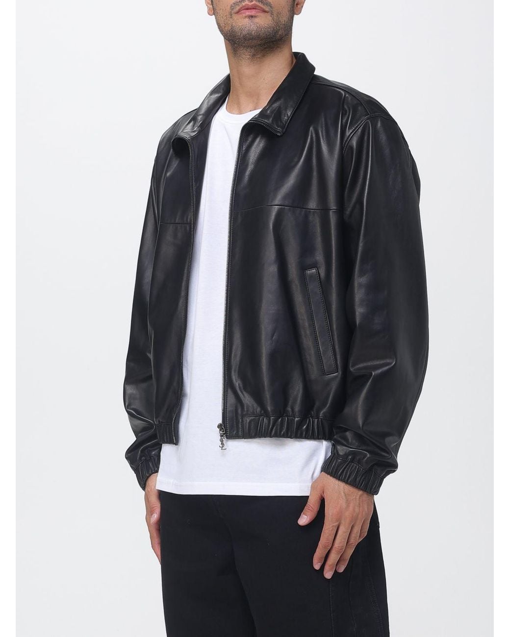Saint Laurent Gray Lambskin Leather Bomber Jacket With High Collar And Zip Closure for men