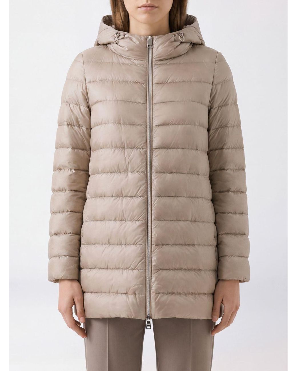 Herno Natural Long Quilted Nylon Hooded Puffer Coat With Down Padding