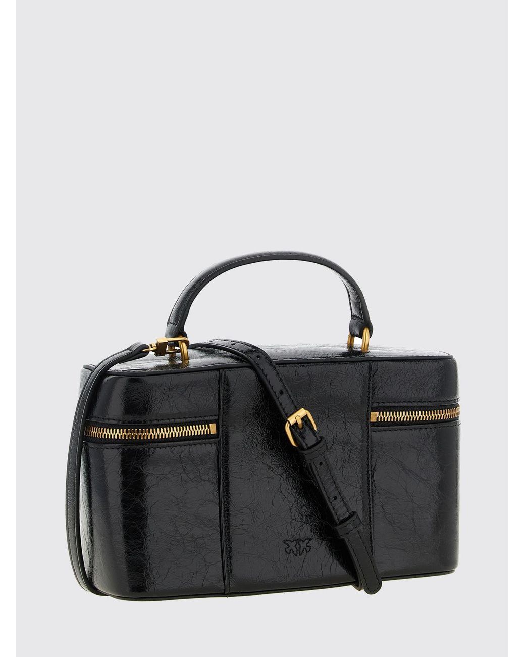 Pinko Black Vanity Mini Calfskin Leather Case With Logo And Removable Strap