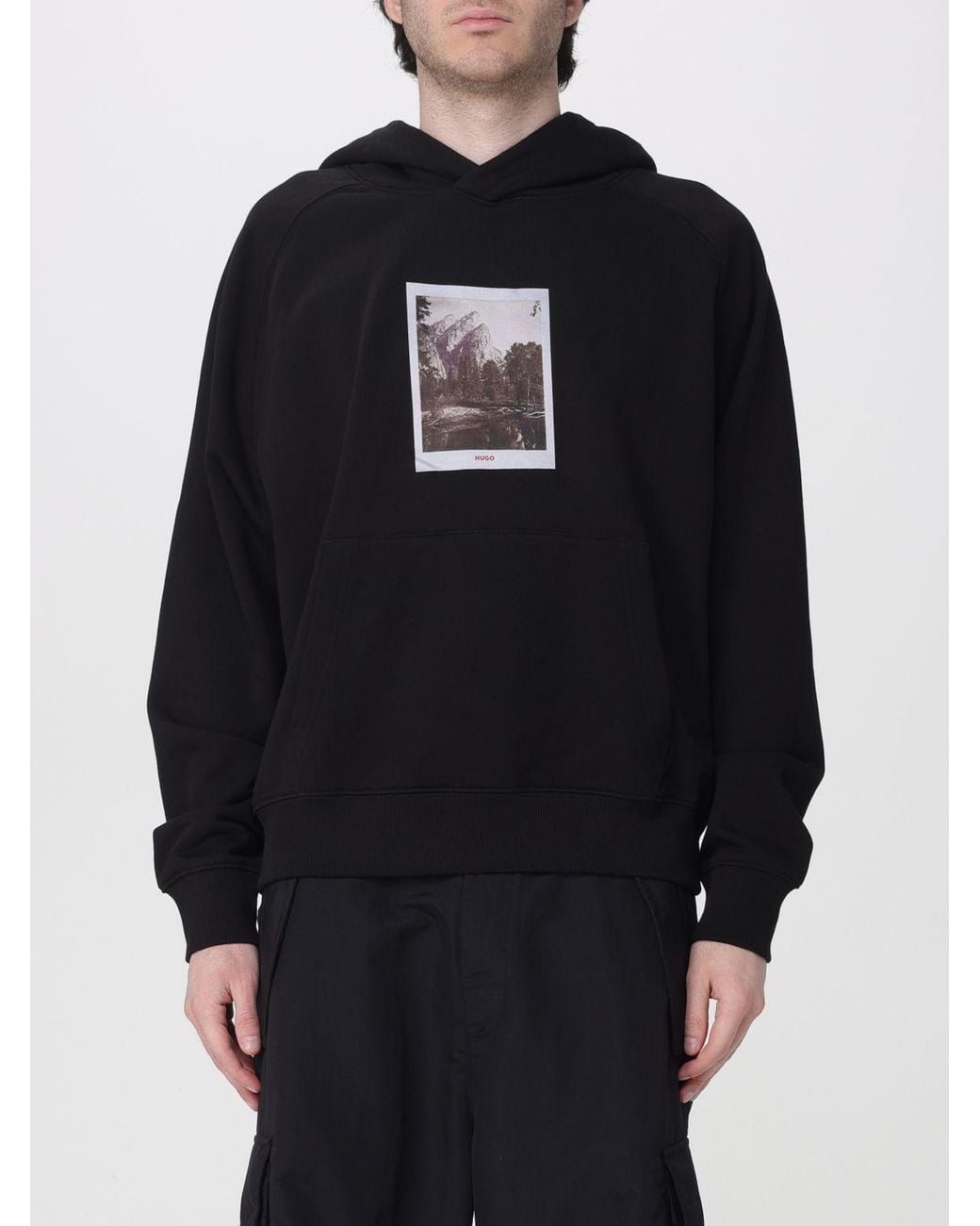 HUGO Black Printed Cotton Hoodie for men