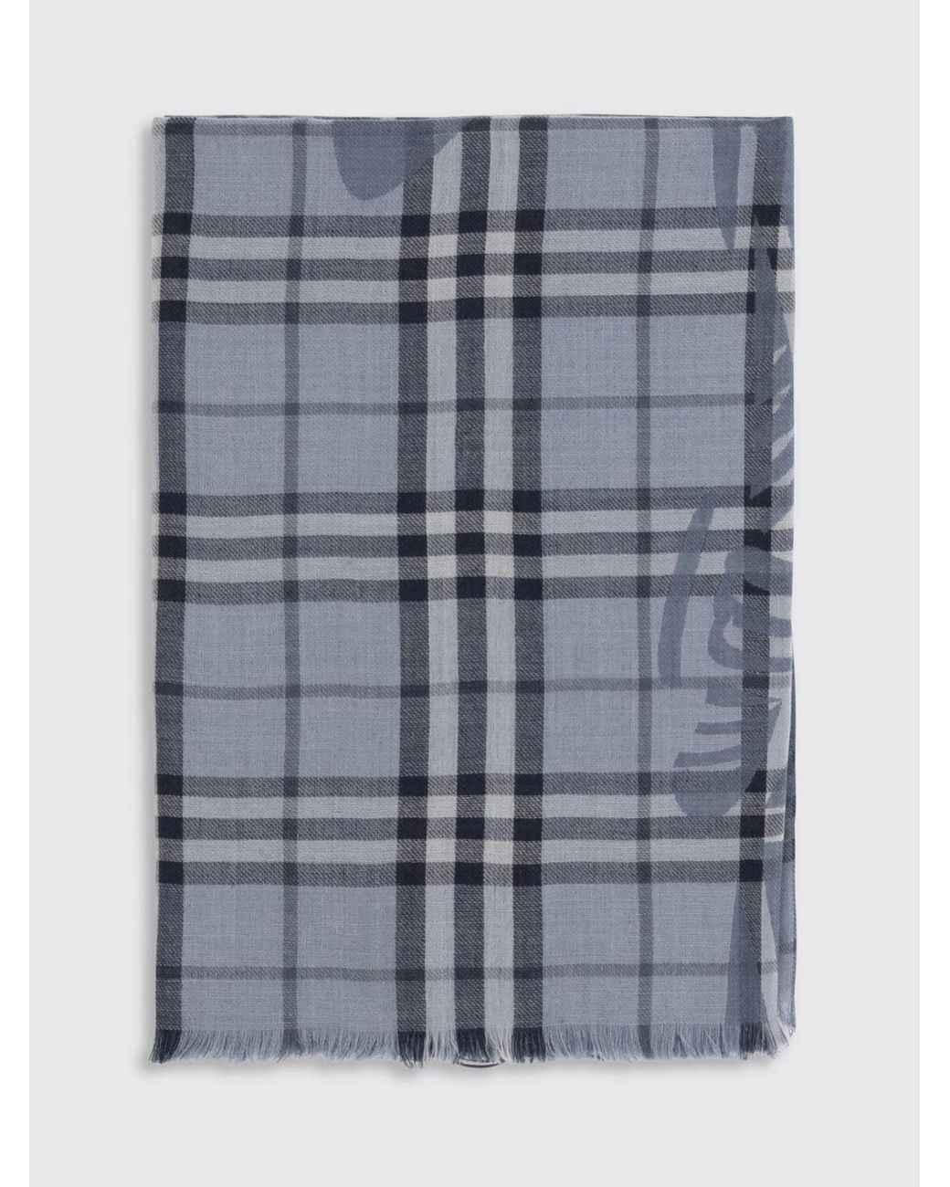 Burberry Blue Check Wool And Silk-Blend Scarf With Fringed Edges