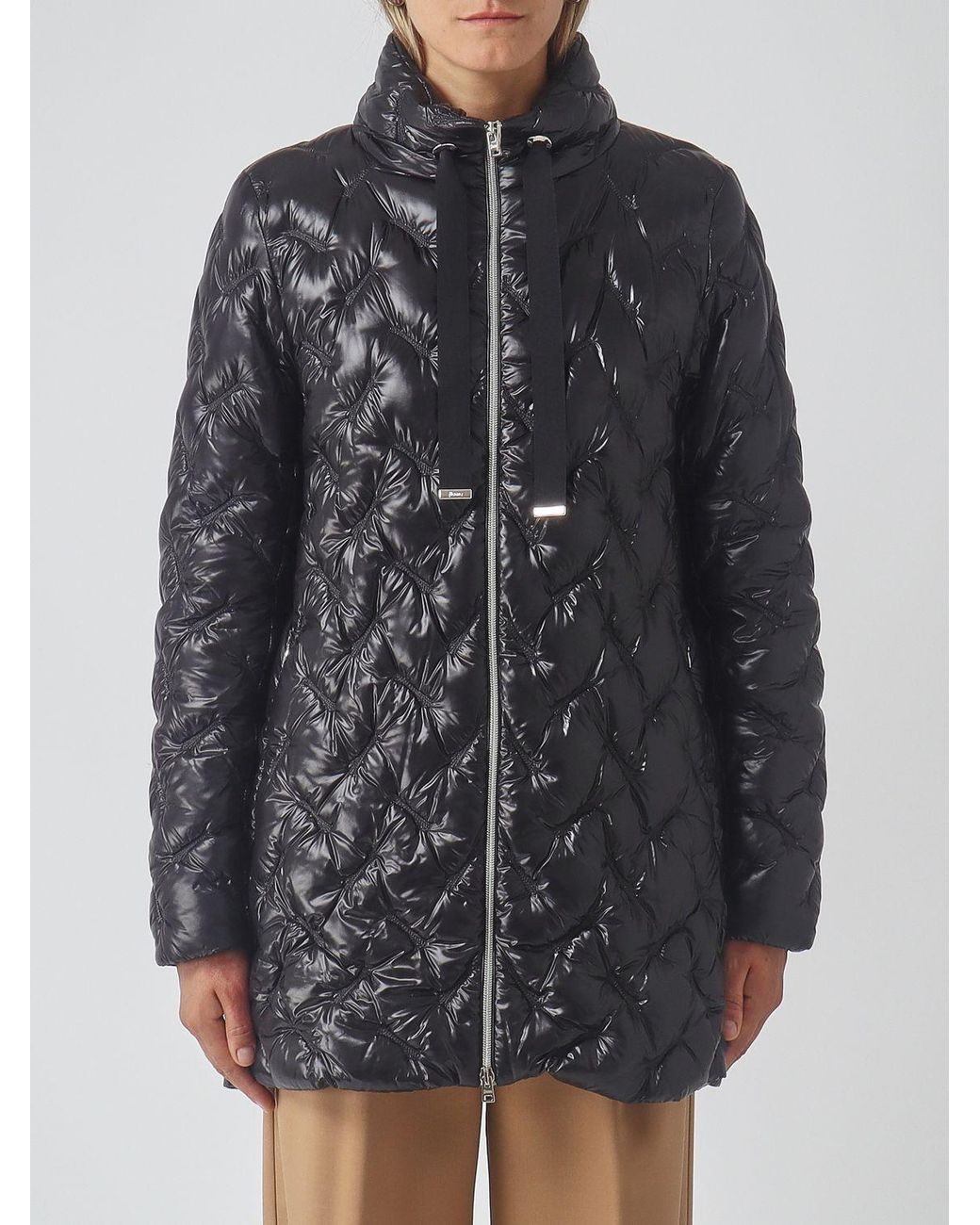 Herno Gray Slim Fit Long Quilted Nylon Puffer Coat With High Neck And Zip