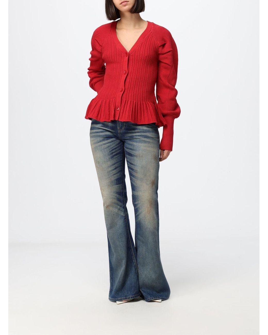 Blumarine Red Viscose Cardigan With Puff Sleeves And Ruffled Hem