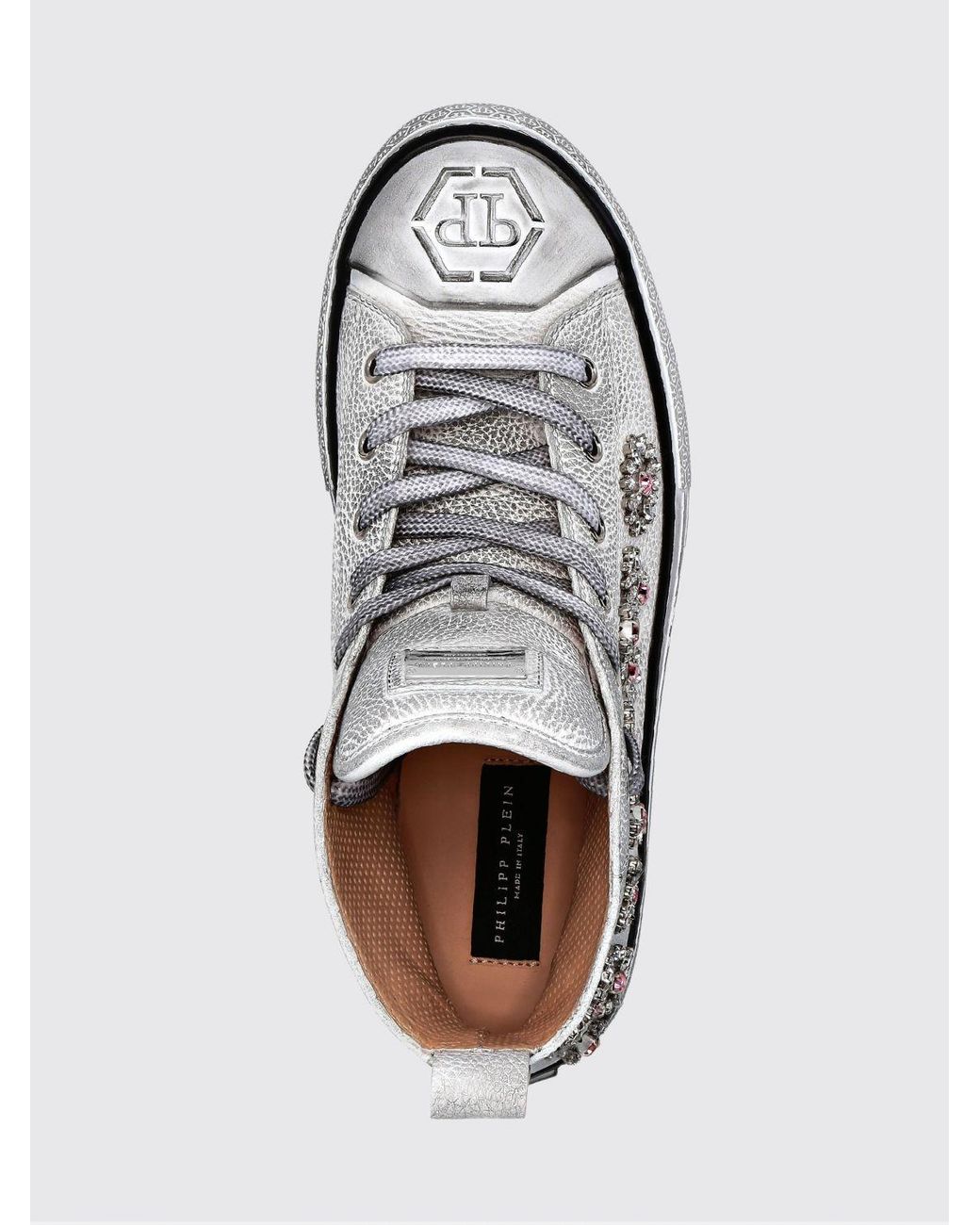 Philipp Plein White Grained Leather High-Top Sneakers With Rhinestones And Hexagon Logo