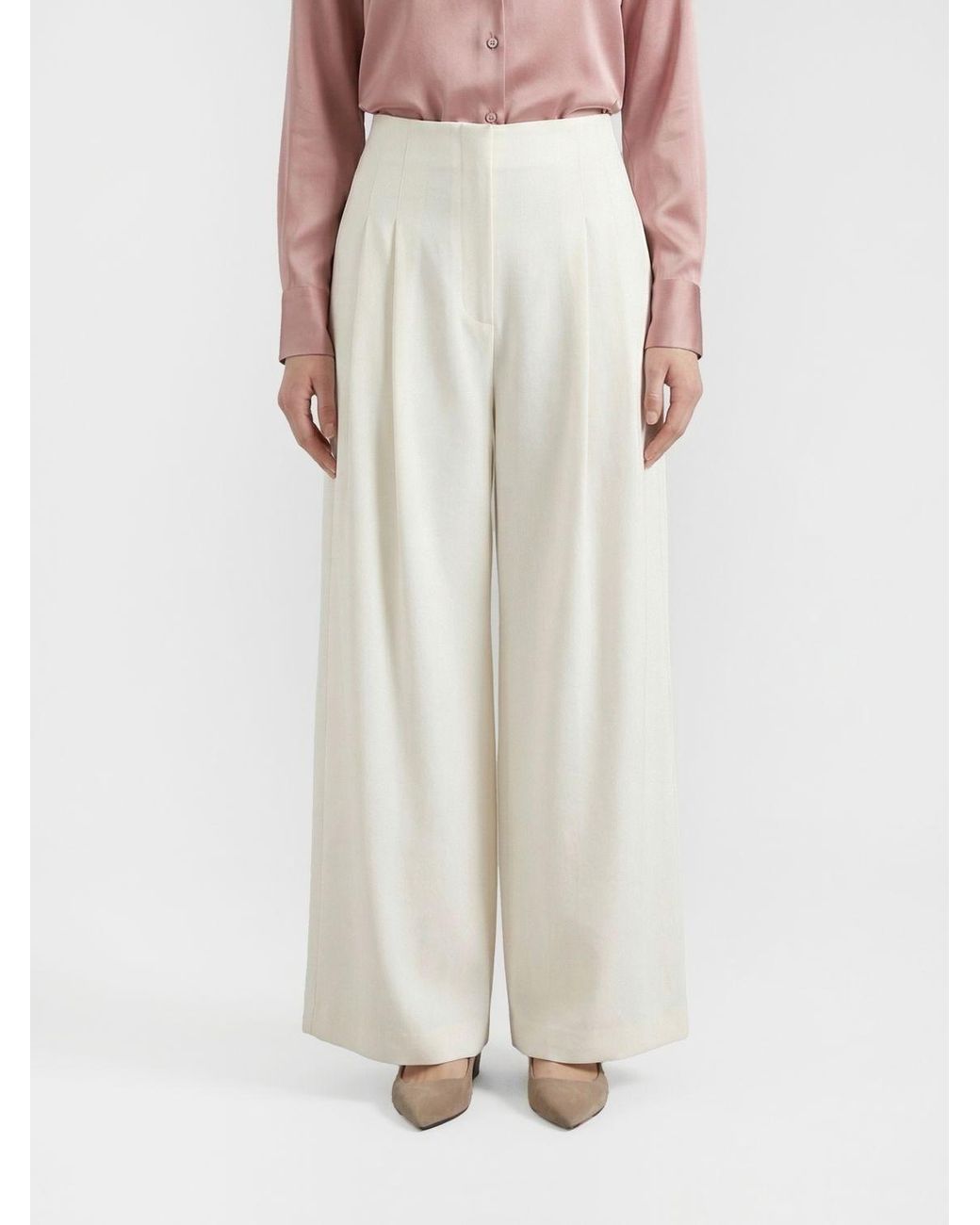 Brunello Cucinelli White Wide Leg Cotton Blend Trousers