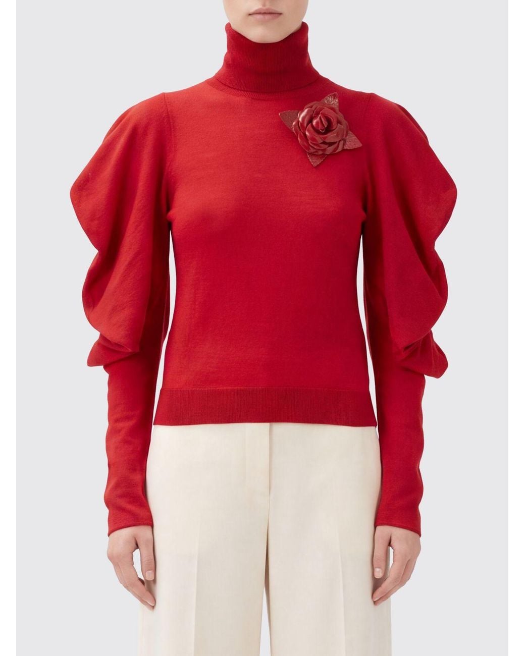 Blumarine Red Wool Turtleneck Jumper With Flower Appliqué And Puff Shoulders