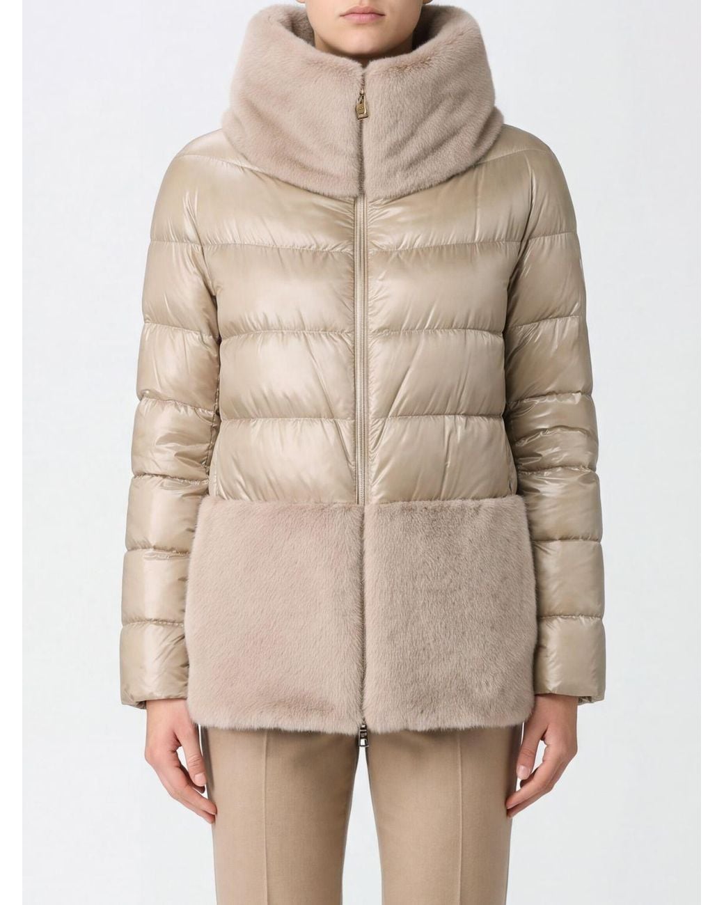 Herno Natural Short Ultralight Nylon Down Jacket With Faux Fur Details