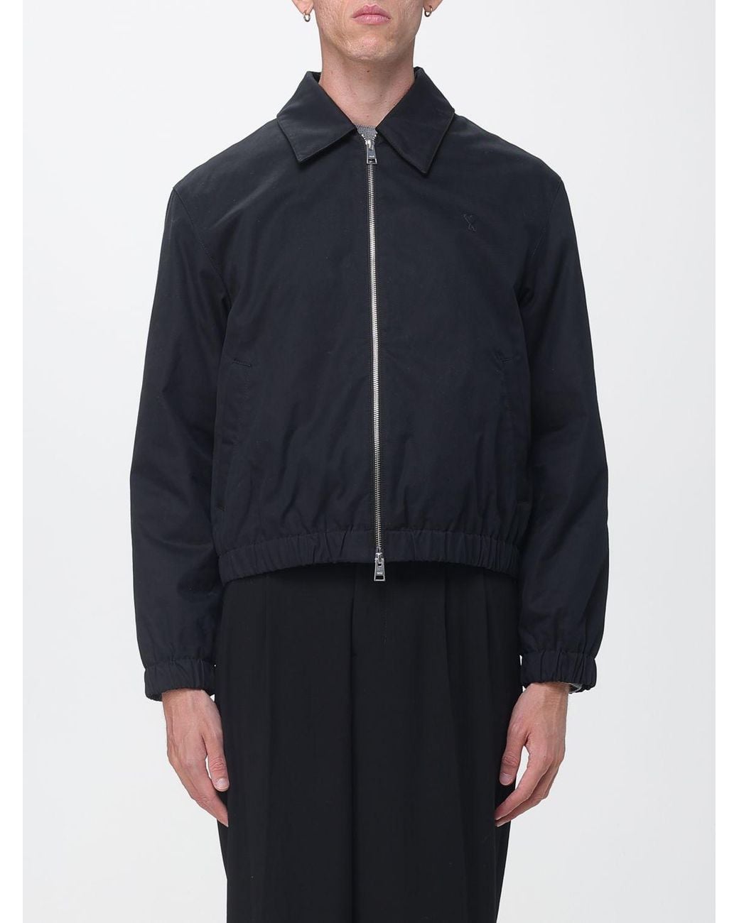 AMI Blue Cotton Bomber Jacket With Embroidered Logo And Zip Closure for men