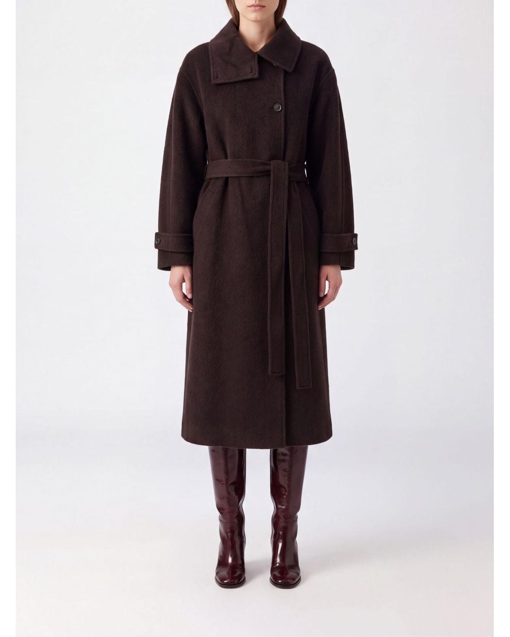 Soeur Brown Long Double-Breasted Wool Blend Coat With Tie-Waist Belt