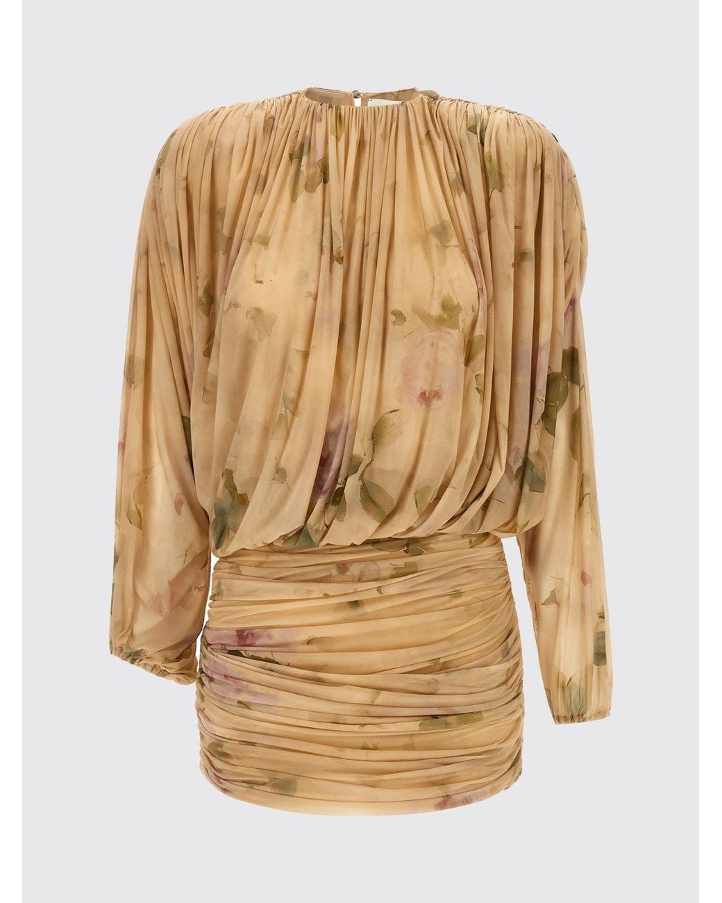 Magda Butrym Natural Long-Sleeved Floral Print Draped Cupro Sheath Mini Dress