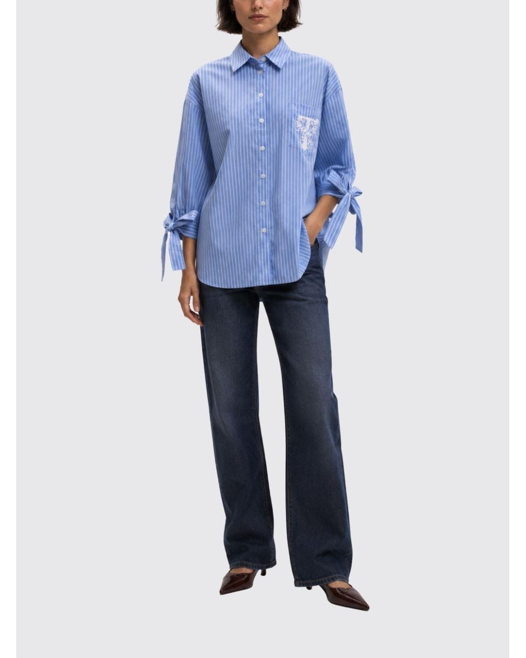 Twinset Blue Striped Cotton Relaxed-Fit Shirt With Contrast Embroidered Logo