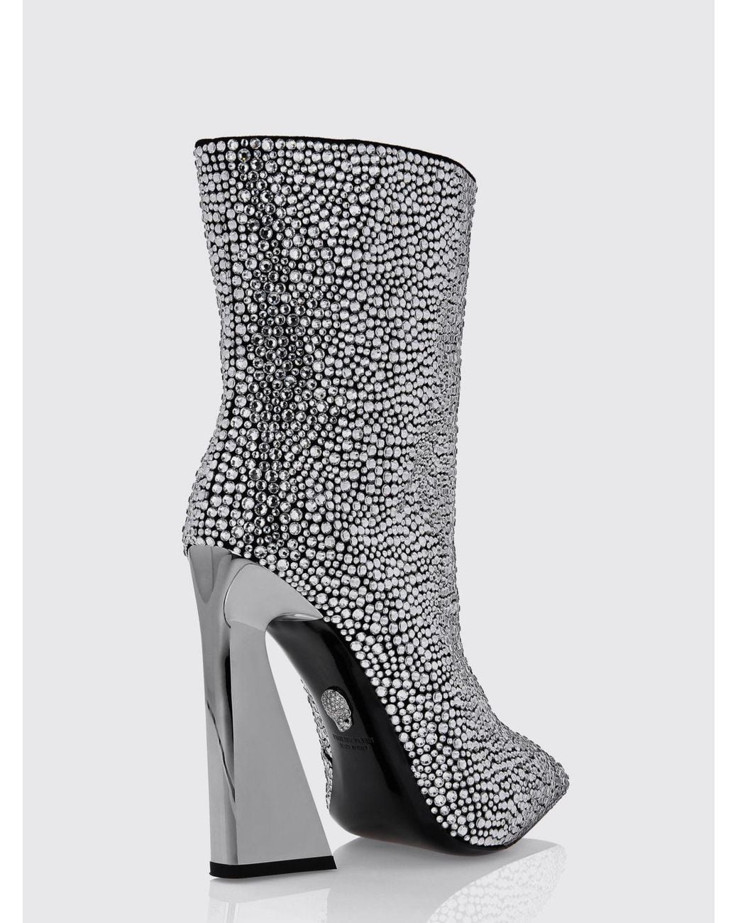 Philipp Plein Gray Almond-Toe Leather Ankle Boots With Swarovski Crystals And High Heels