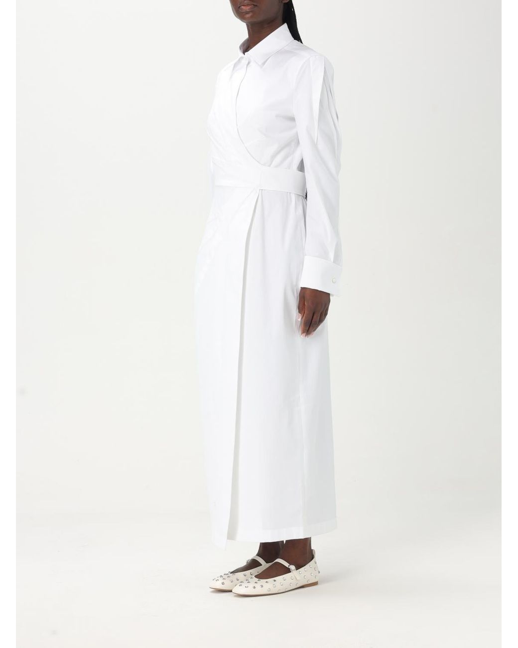 Max Mara White Elegant Wrap Dress With Long Sleeves And Flowing Silhouette