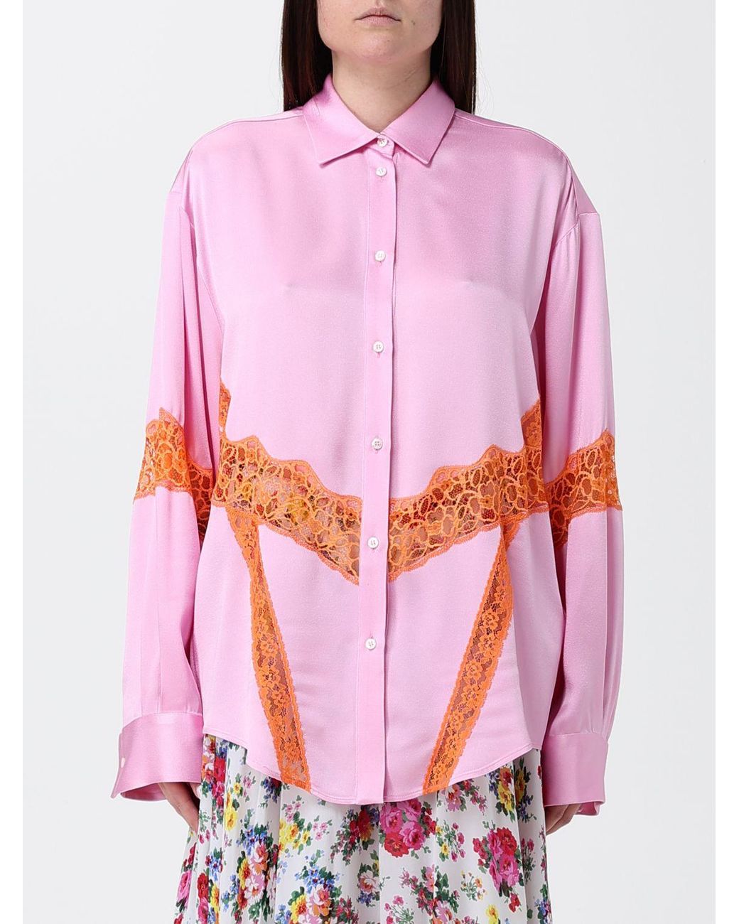MSGM Pink Relaxed Fit Satin Shirt With Lace Inserts And Dropped Shoulders