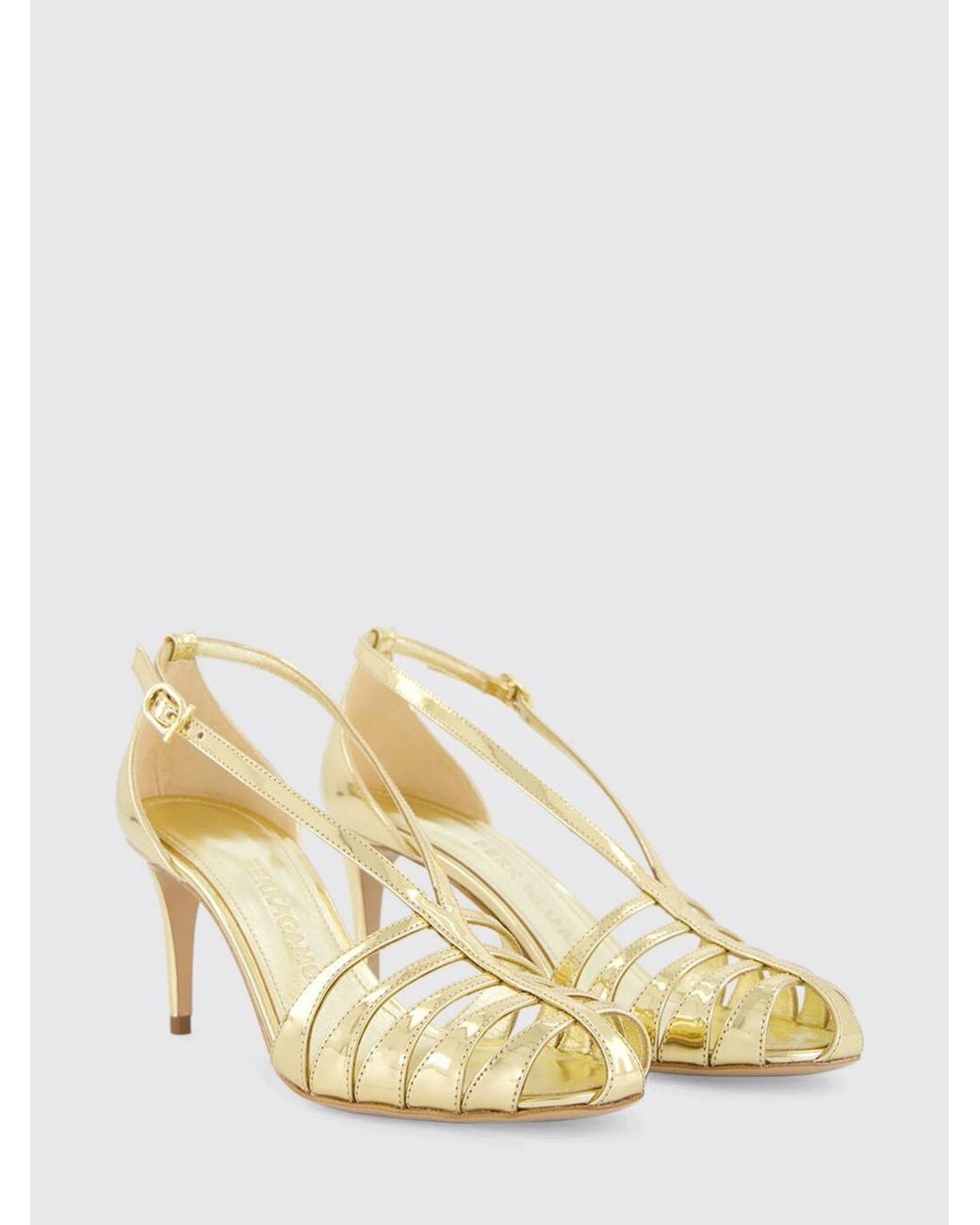 Ferragamo Metallic Perforated Patent Leather Sandals With Stiletto High Heel
