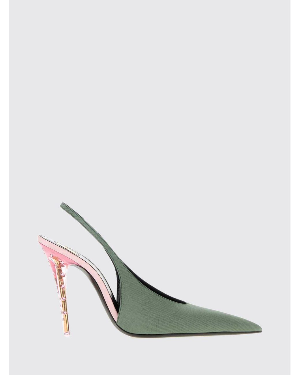 Saint Laurent Green Loredana Satin Slingback Pumps With Crystals And High Stiletto Heel