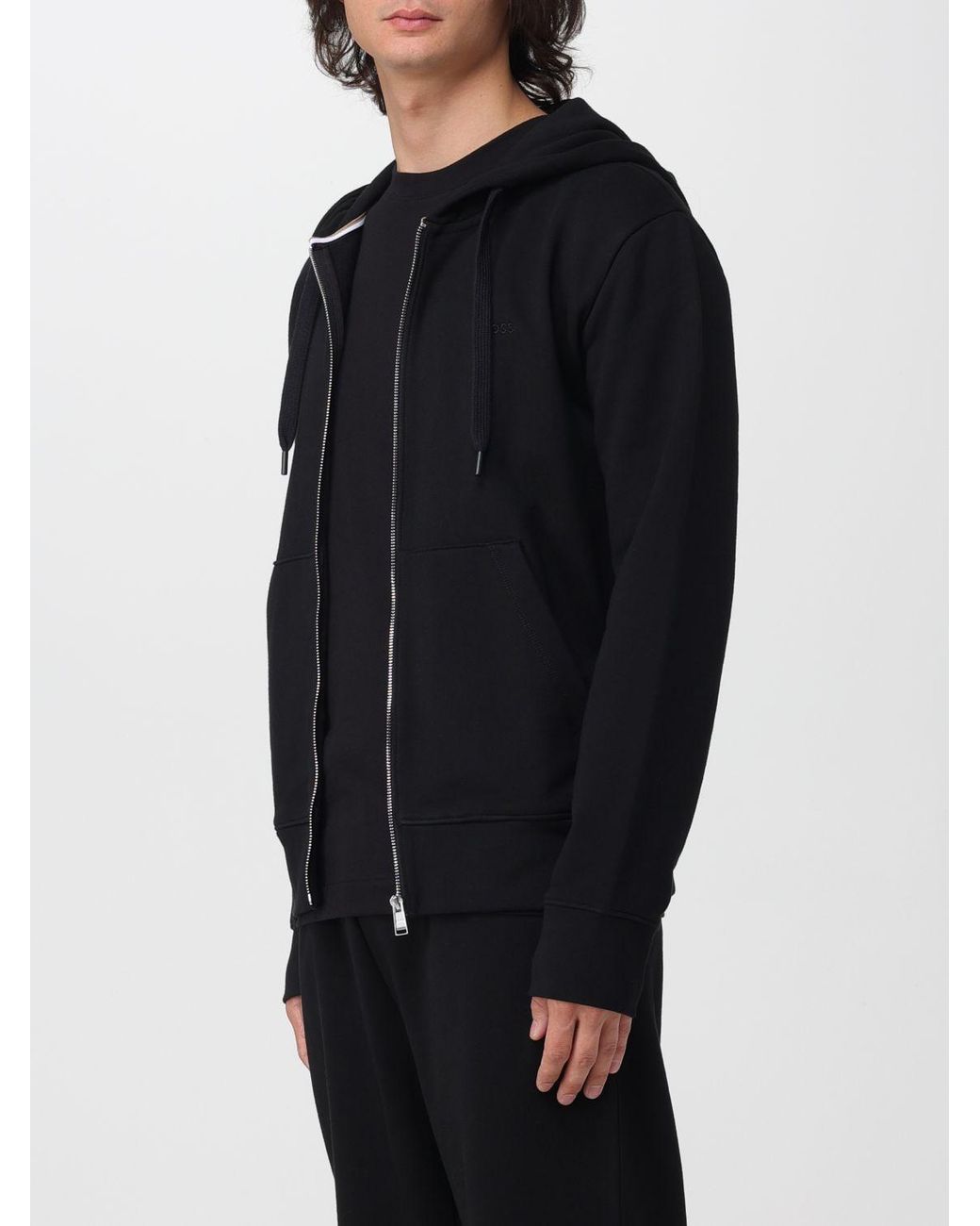 Boss Blue Cotton Zip-Up Hoodie Sweatshirt With Drawstring for men