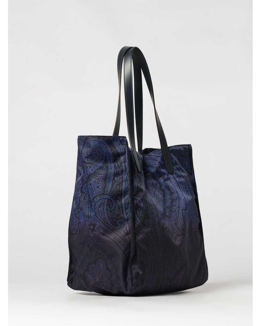 Etro Blue Arnica Paisley Nylon Tote Bag With Double Leather Handles