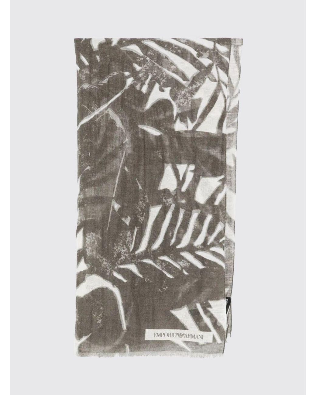 Emporio Armani Gray Tropical Print Linen Blend Scarf With Fringed Edges for men