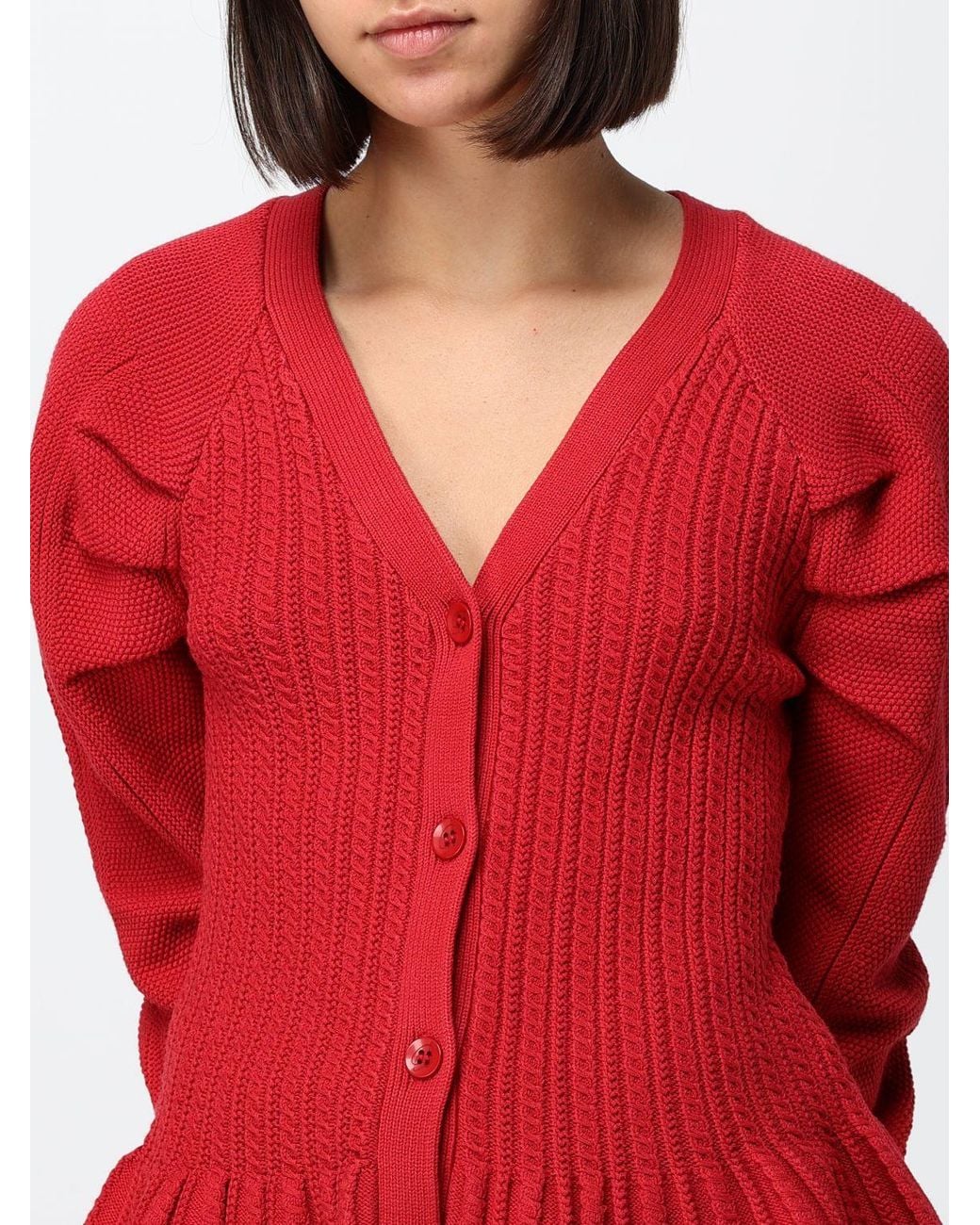 Blumarine Red Viscose Cardigan With Puff Sleeves And Ruffled Hem