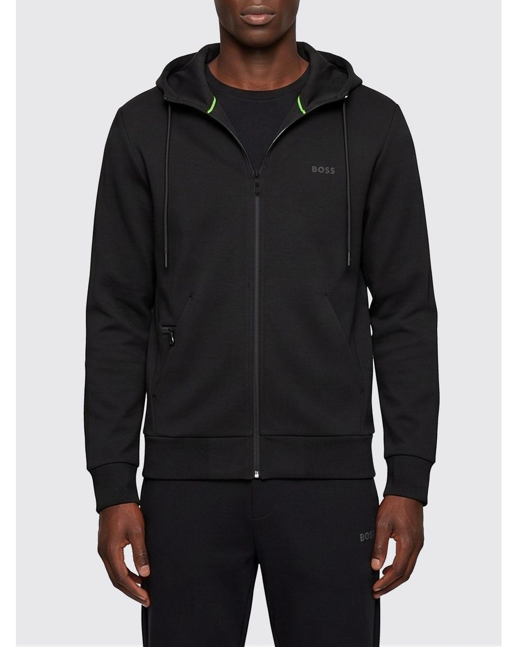 Boss Black Saggy Cotton Hoodie With Zip And Lettering Logo for men