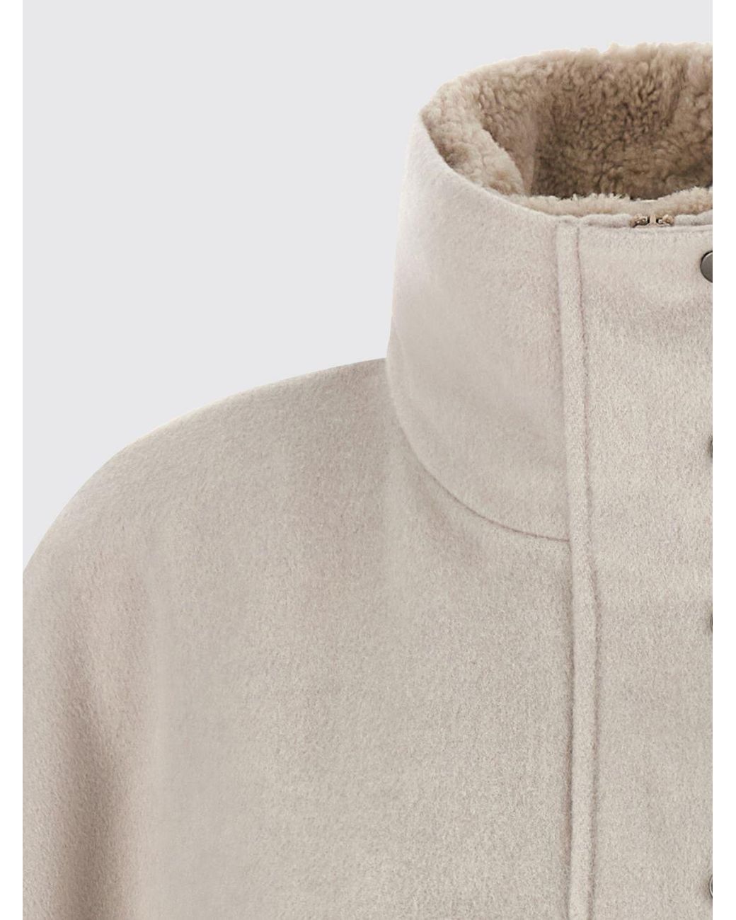 Brunello Cucinelli Natural Wool And Cashmere Short Coat With High Neck And Monili Embroidery
