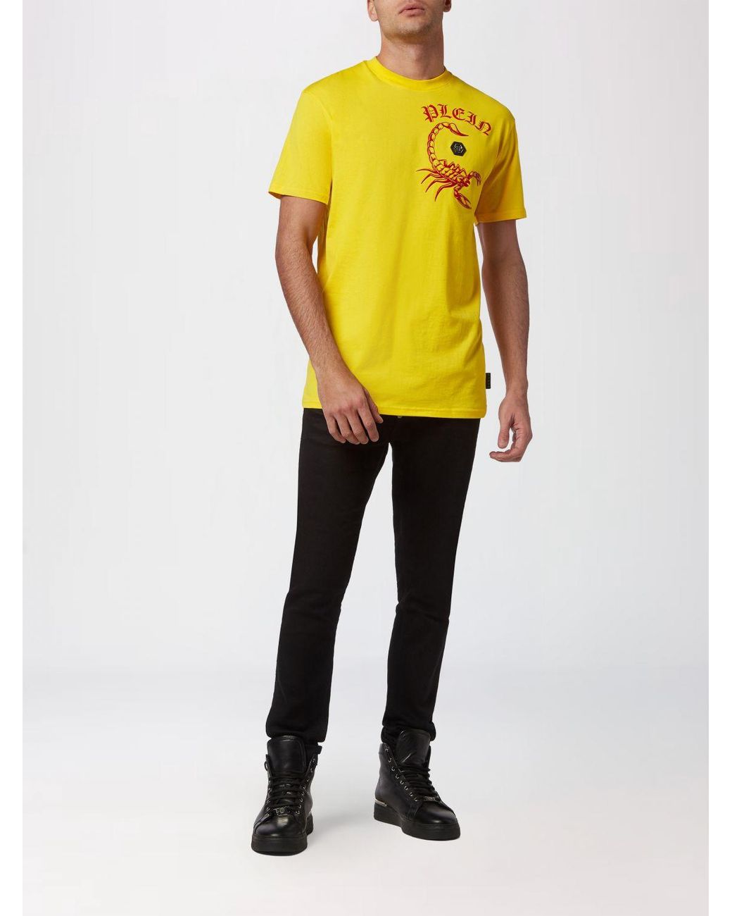 Philipp Plein Yellow Solid Colour Cotton T-Shirt With Contrasting Logo for men