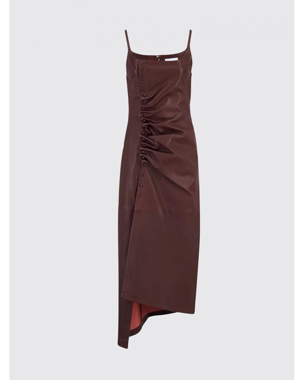 Rabanne Red Asymmetrical Draped Leather Midi Dress With Square Neckline