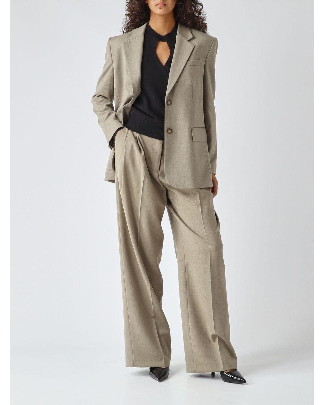 Twinset Natural High-Waisted Wool Blend Palazzo Trousers With Darts