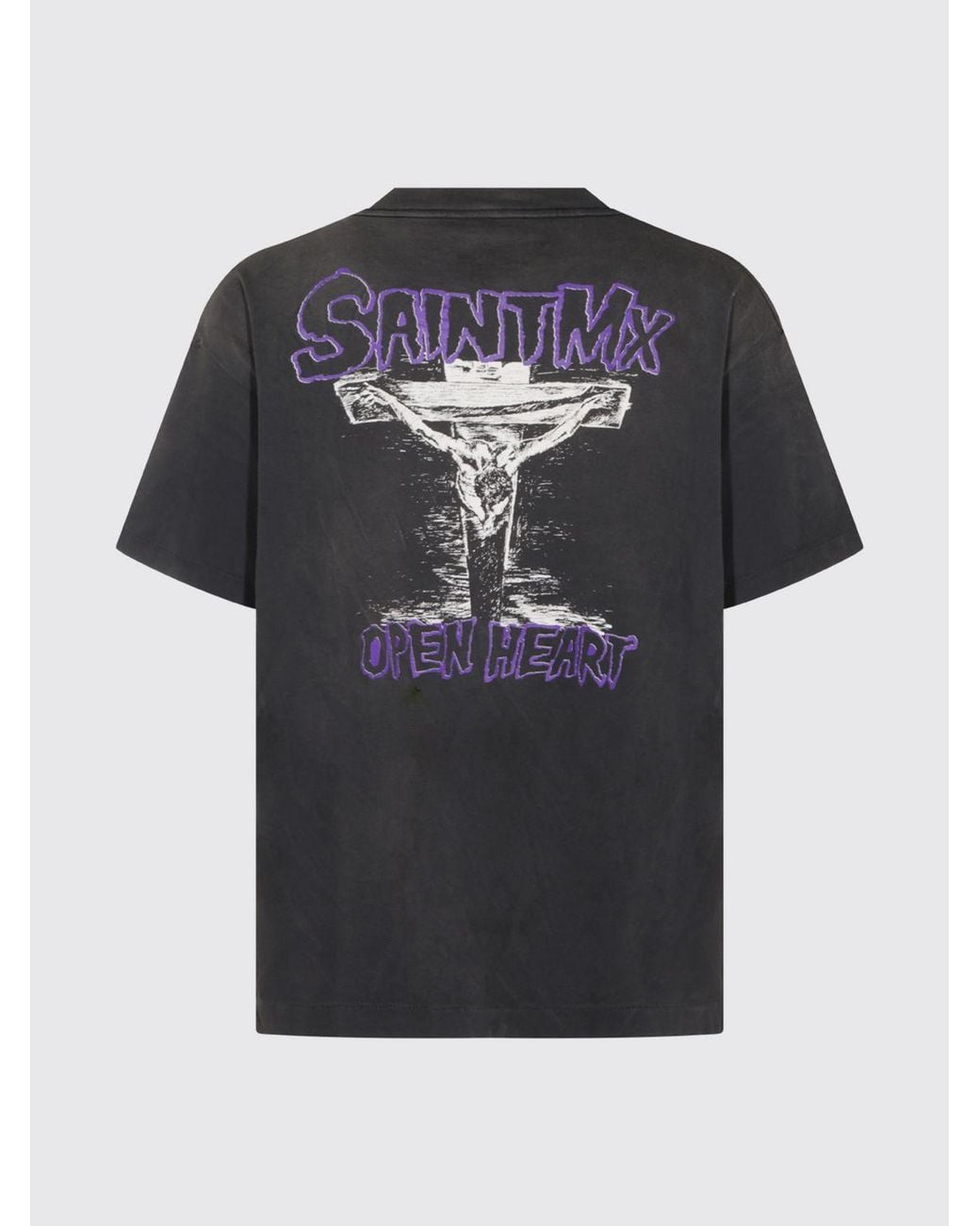 SAINT Mxxxxxx Gray Graphic Print Logo Cotton T-Shirt With Dropped Shoulders for men