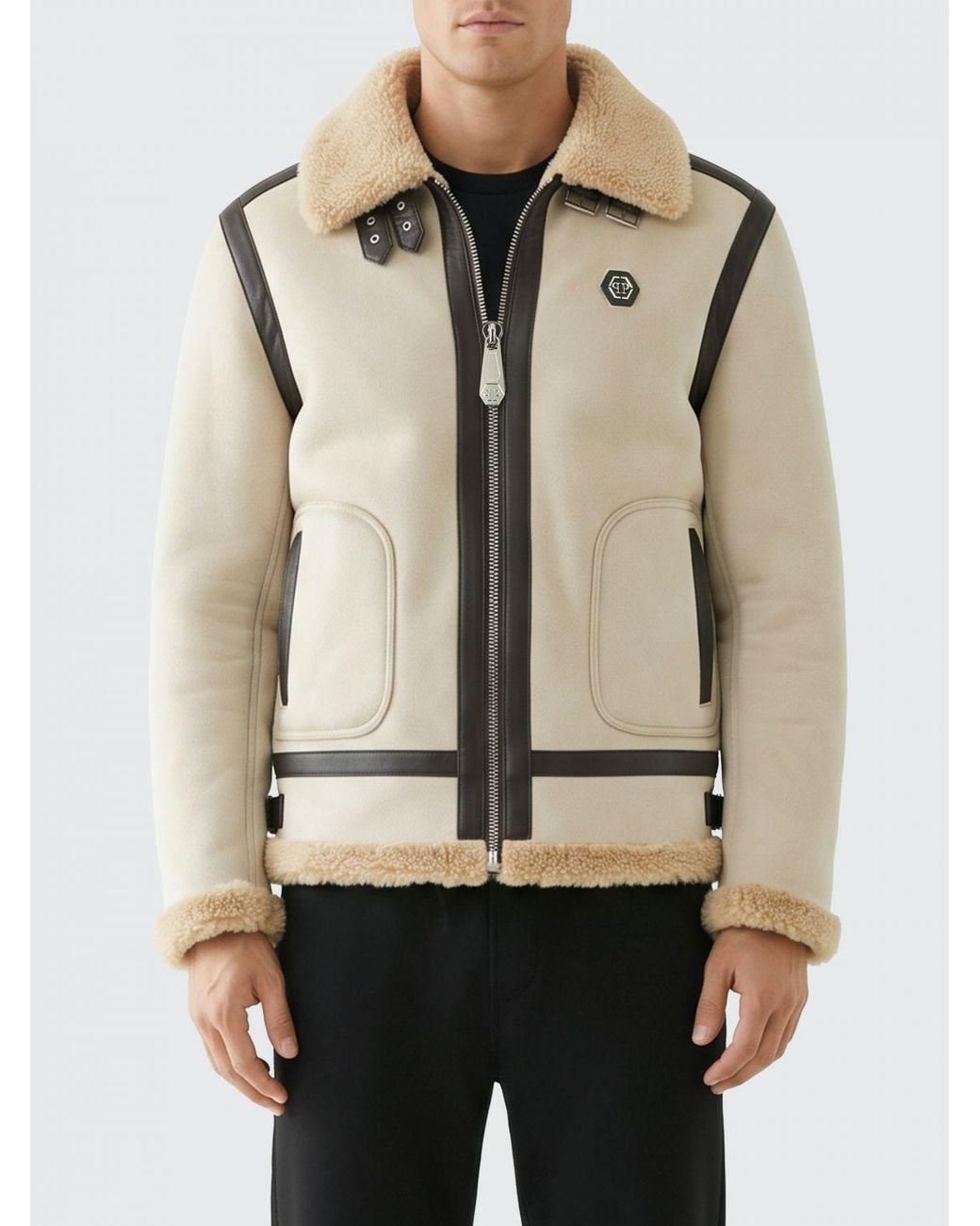 Philipp Plein Natural Faux Suede Jacket With Fur Collar for men