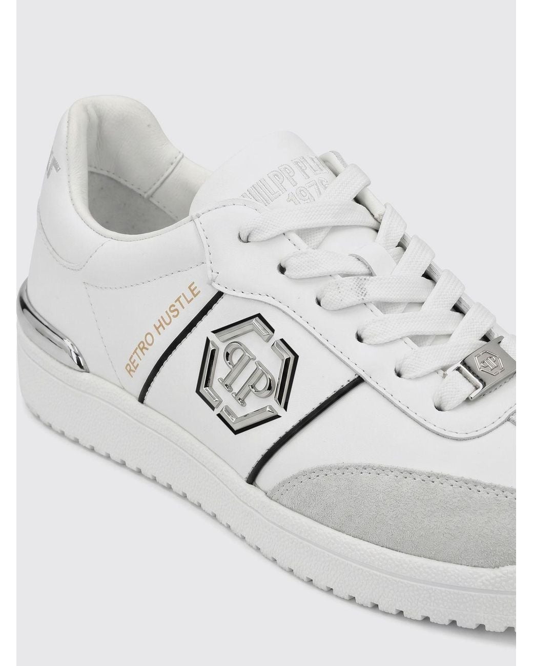Philipp Plein White Retro Hustle Leather Sneakers With Hexagon Logo for men