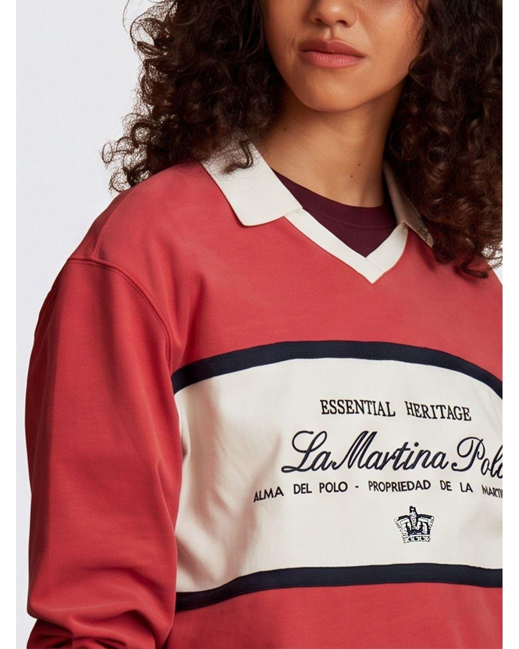 La Martina Red V-Neck Long-Sleeved Cotton Jersey Polo Shirt