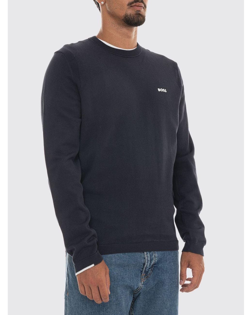 Boss Blue Slim Fit Cotton Crew-Neck Jumper With Contrasting Logo for men
