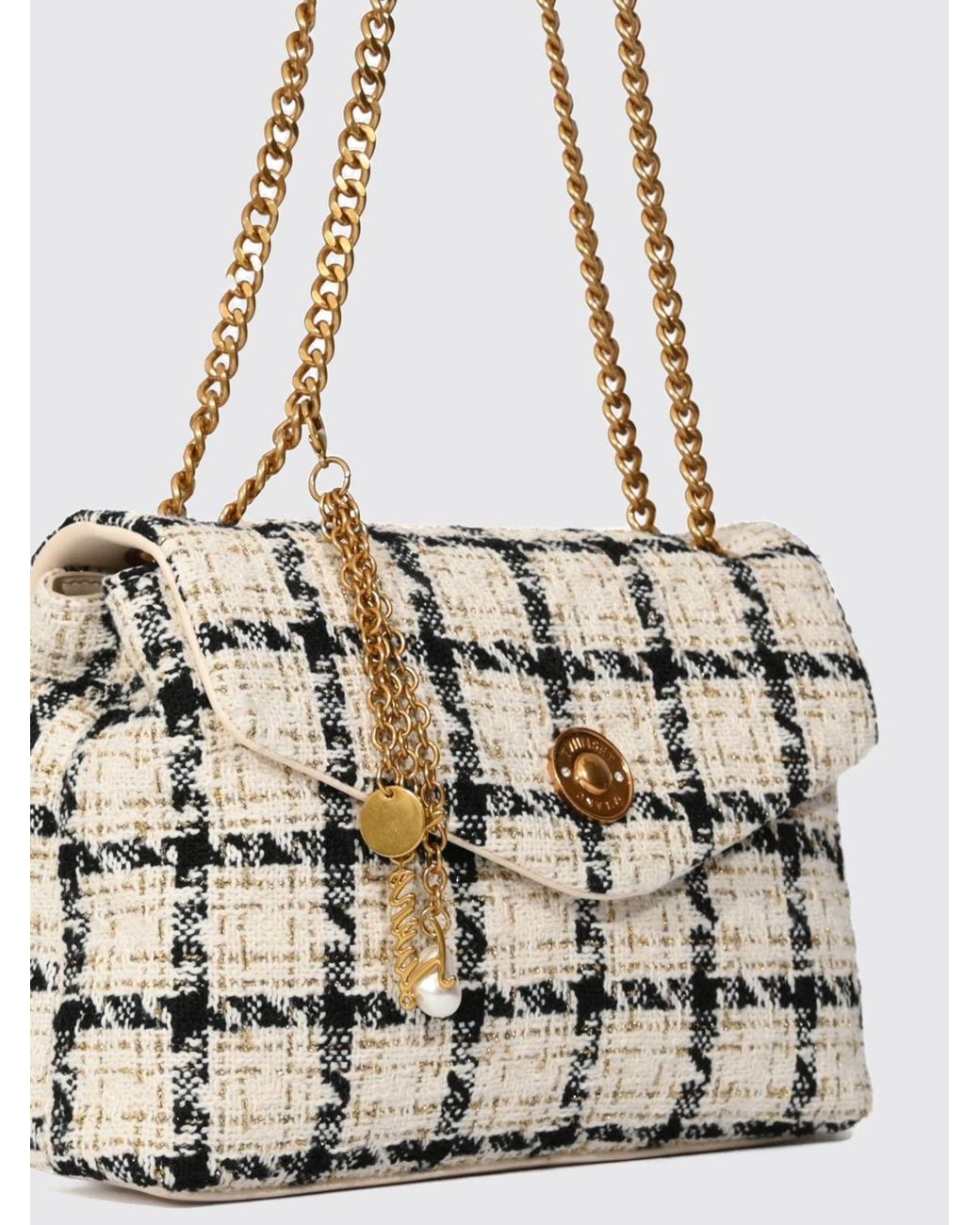 Twinset White Check Bouclé Shoulder Bag With Charm And Chain Handle