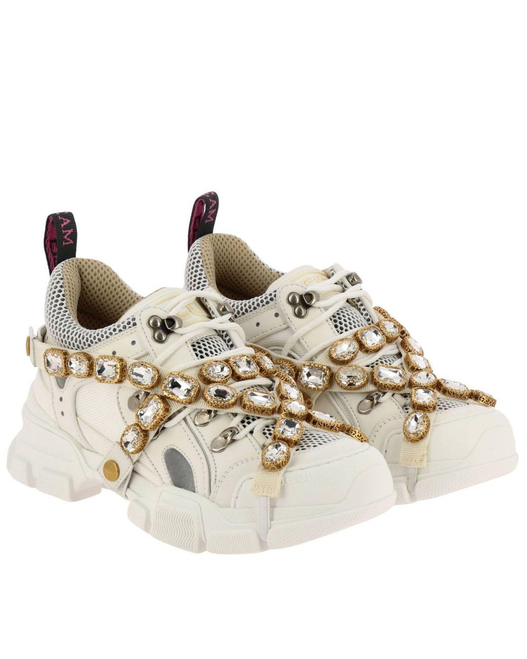 Manoeuvreren bouw Noordoosten Gucci Flashtrek Running Lace Up Sneakers In Real Leather And Macro Net With  Removable Rhinestone Jewels | Lyst