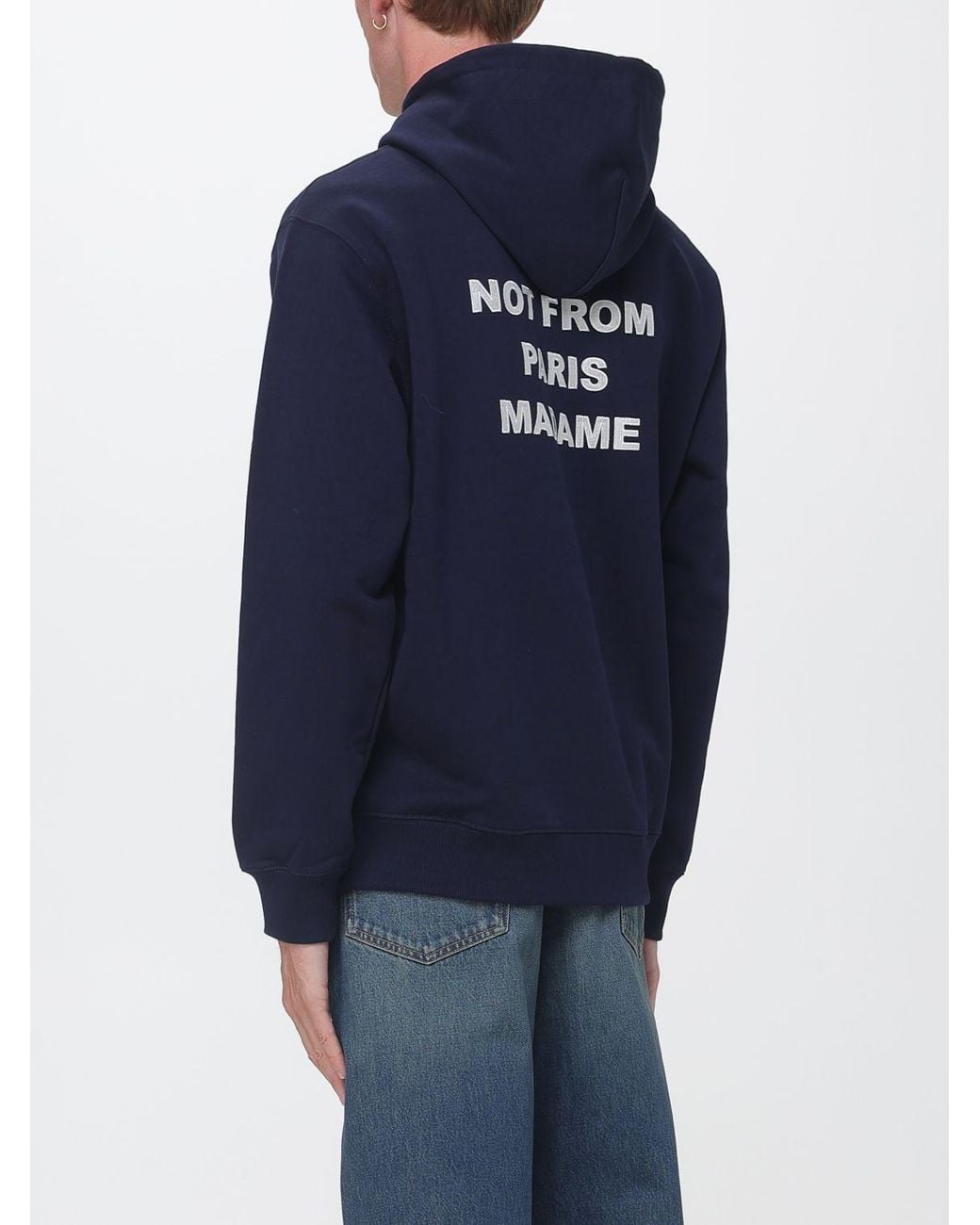 Drole de Monsieur Blue Cotton Hoodie With Slogan Print And Kangaroo Pocket for men