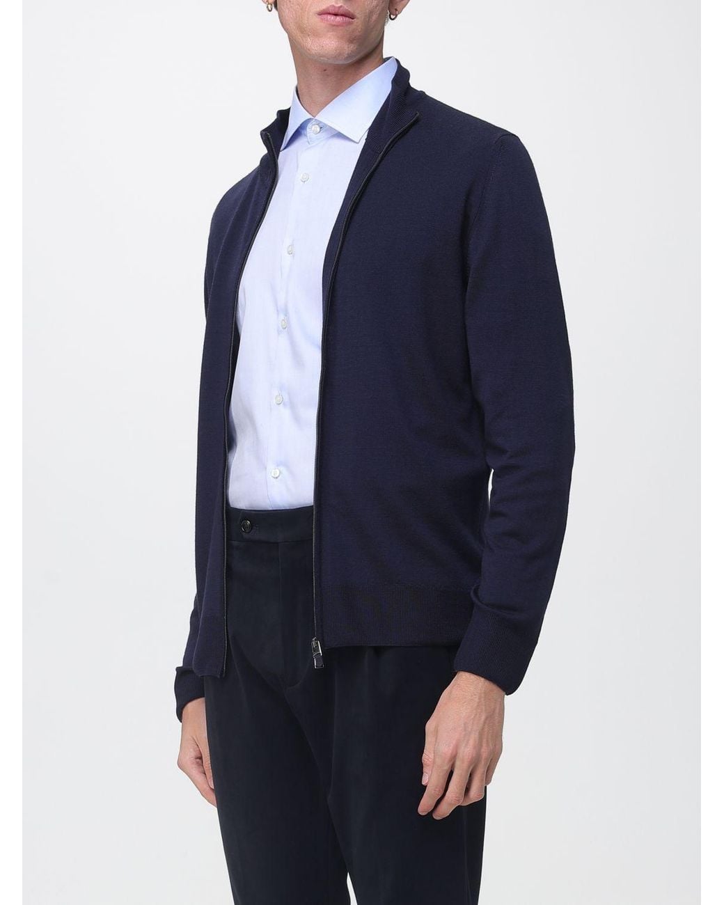 Canali Blue Wool Cardigan Jumper With Turtleneck And Zip Closure for men