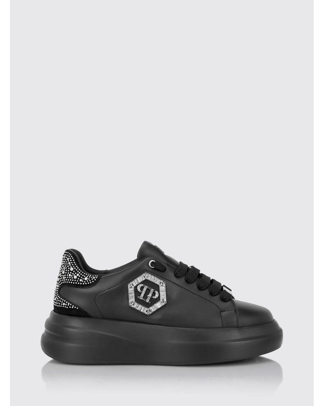 Philipp Plein Black Leather Chunky Sneakers With Hexagon Logo And Rhinestones