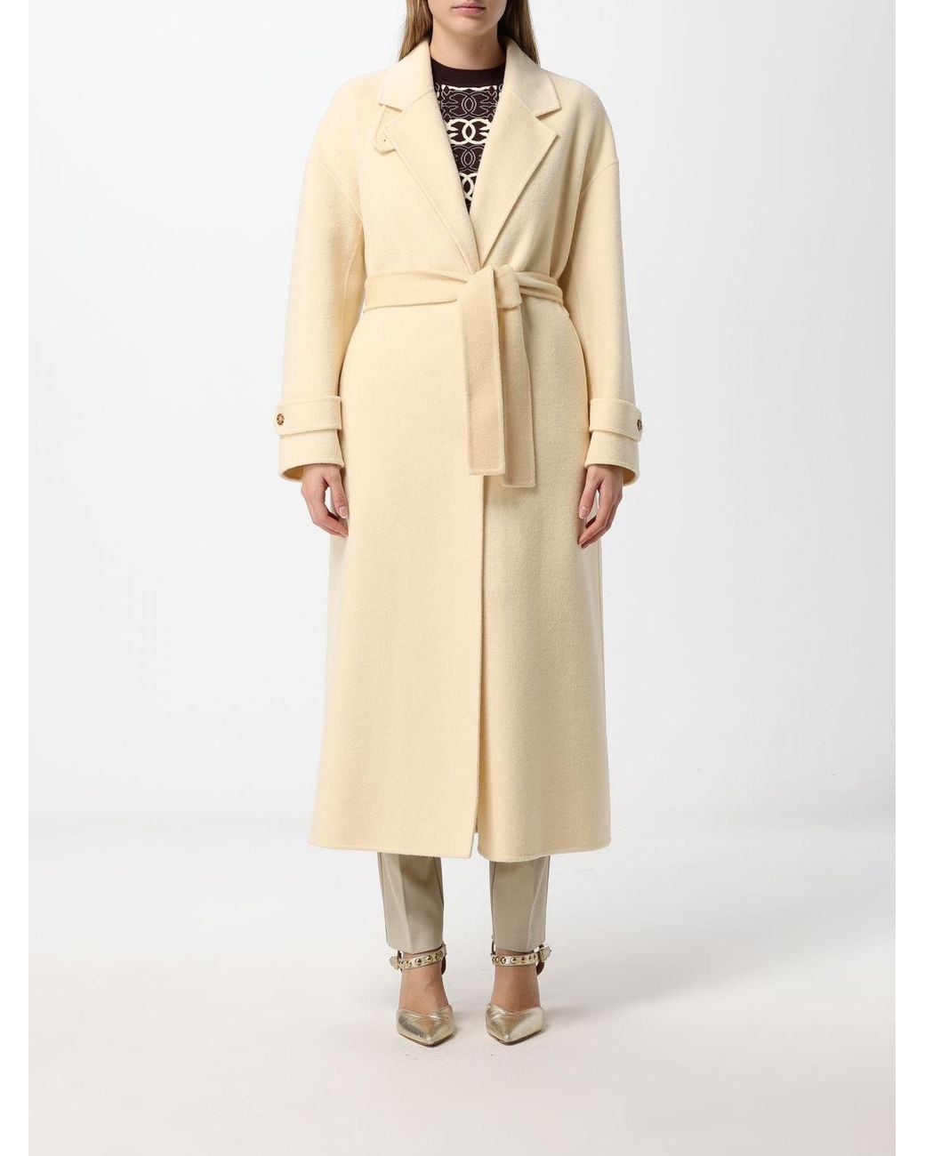 Pinko Natural Long Wool Robe Coat With A Belt And Lapel Collar