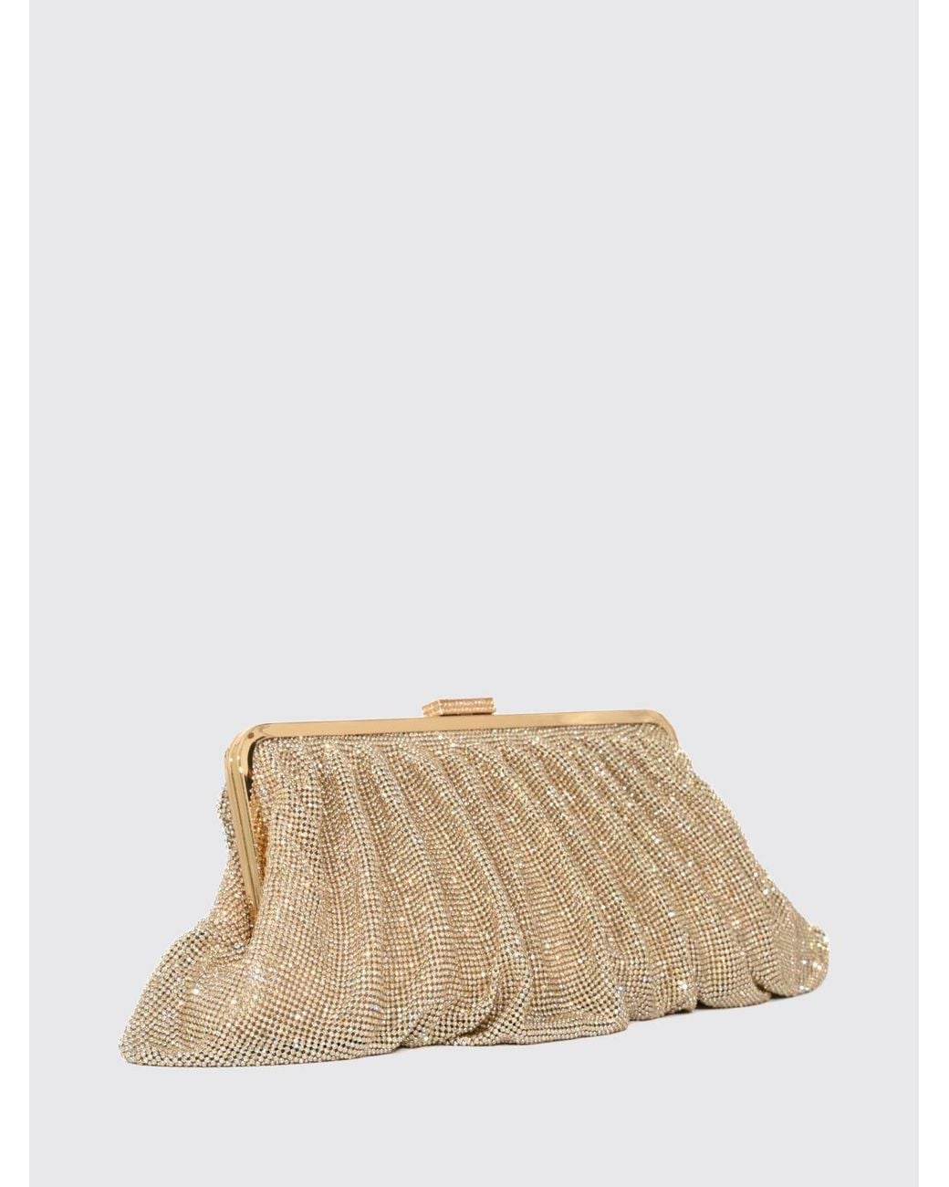Twentyfourhaitch Natural Zevara Draped Crystal-Embellished Clutch With Snap Closure