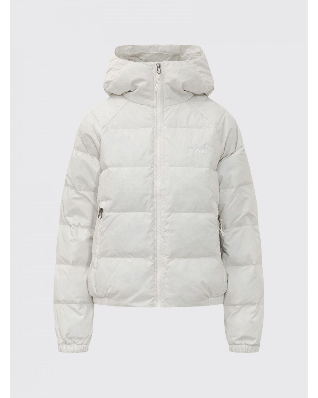 The North Face Gray Short Quilted Nylon Hooded Down Jacket With Contrast Logo