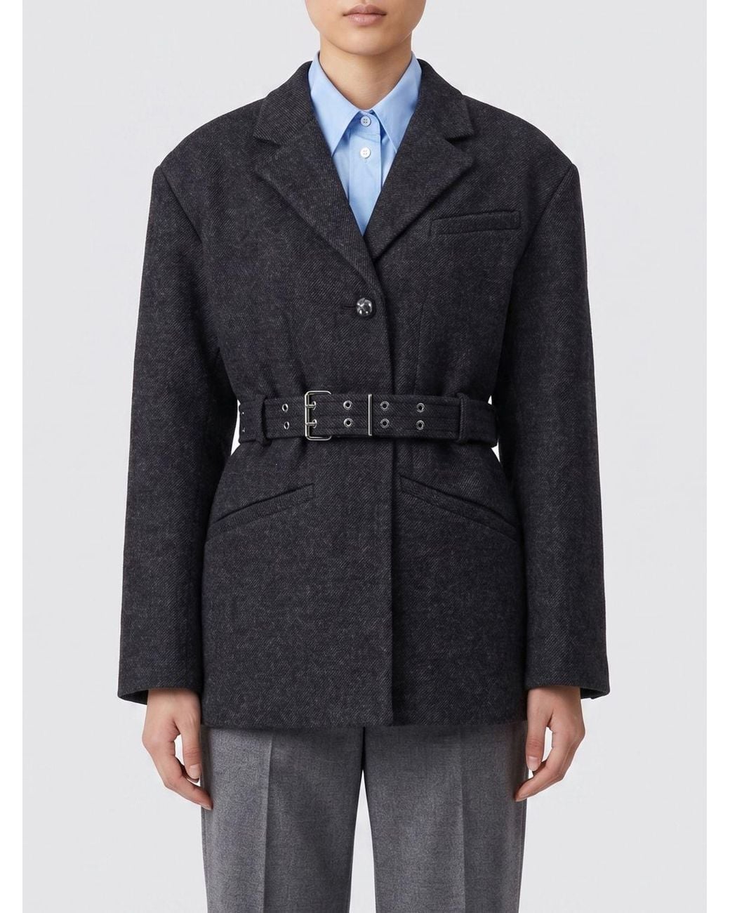 Ganni Blue Short Single-Breasted Belted Wool And Cashmere Coat