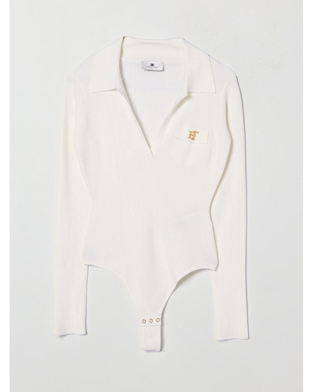 Elisabetta Franchi White Slim Fit Long-Sleeved V-Neck Bodysuit With Ruffles