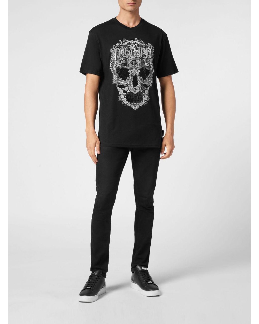 Philipp Plein Black Cotton T-Shirt With Skull Print And Applied Crystals for men