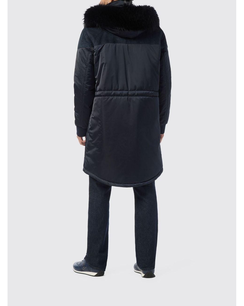 Billionaire Blue Knee-Length Padded Nylon Parka With Hood And Fur Collar for men
