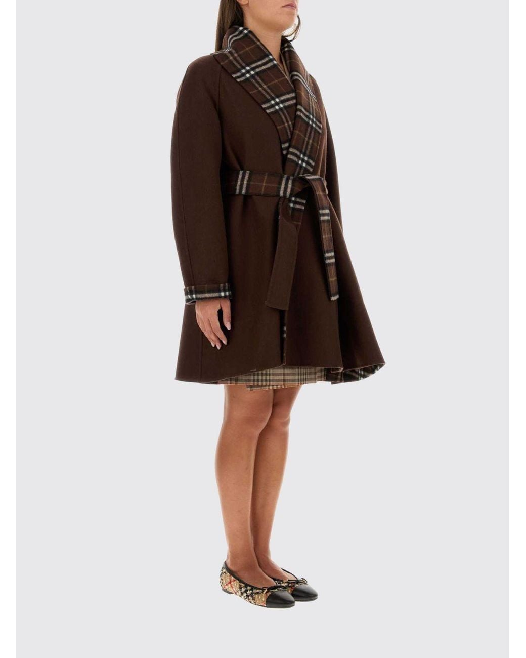 Burberry Brown Check Wool Robe Coat With A Shawl Collar And Self-Tie Belt