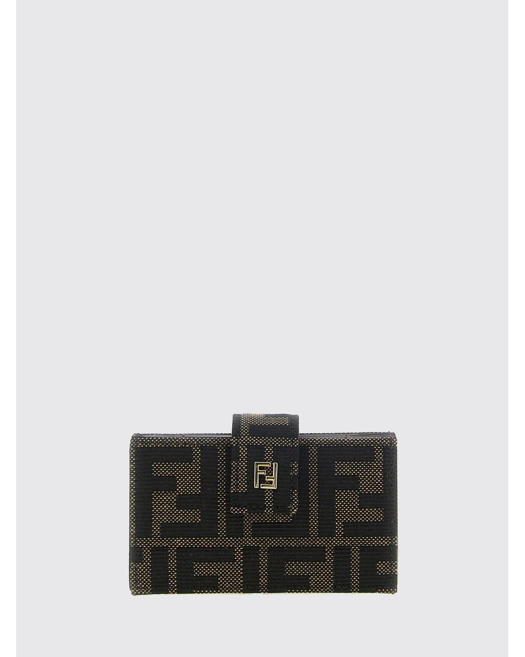 Fendi Black Ff Monogram Jacquard Fabric Card Holder With Snap Closure