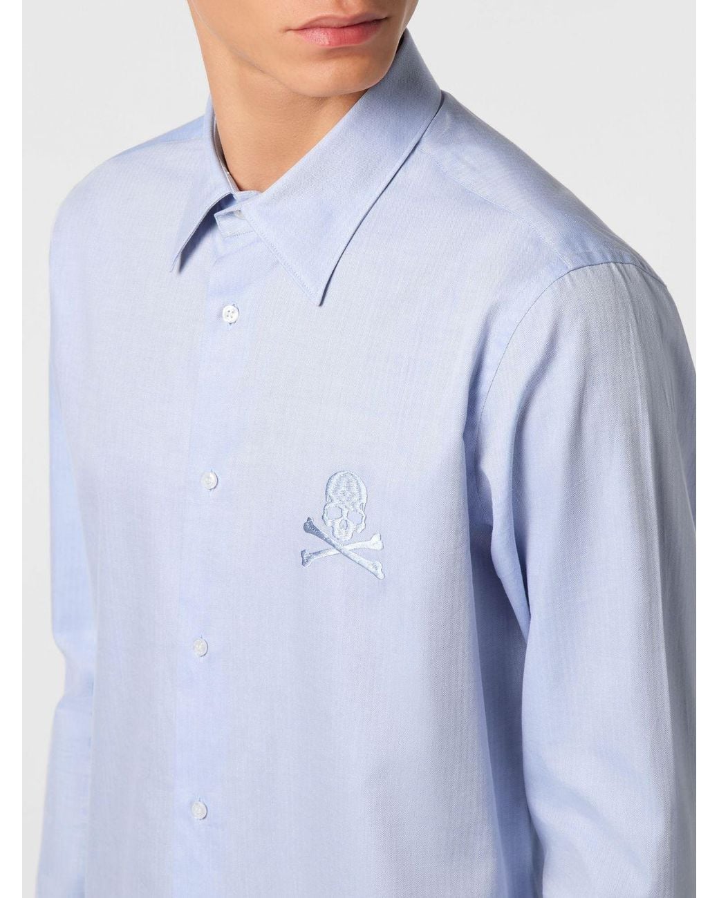 Philipp Plein Blue Long-Sleeved Cotton Shirt With Point Collar And Skull Print for men