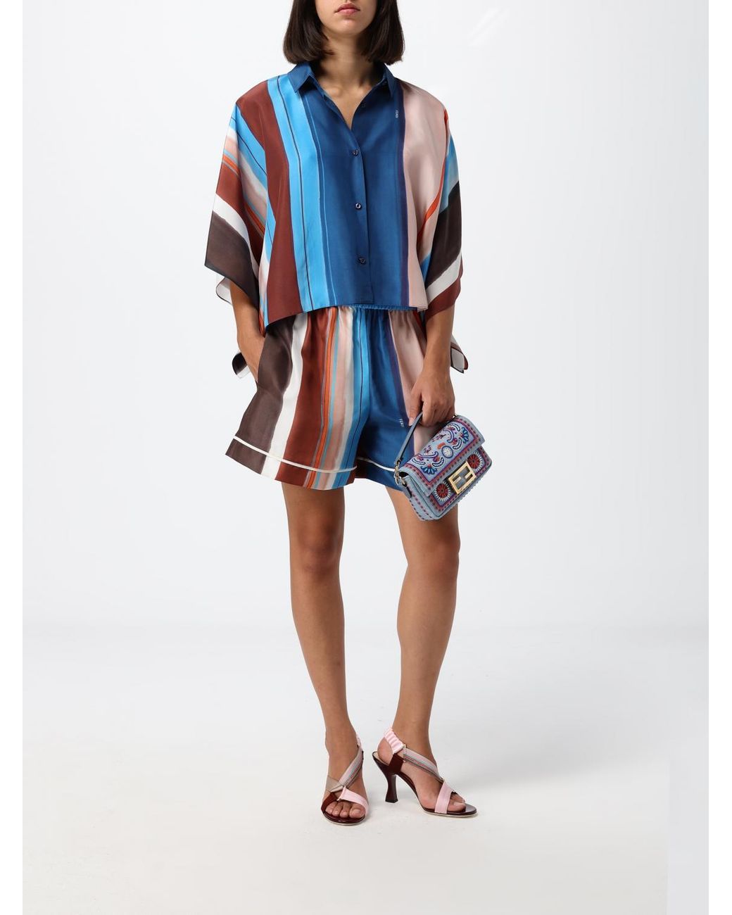 Fendi Blue Cropped Silk Shirt With Multicolour Stripes And Dropped Shoulders
